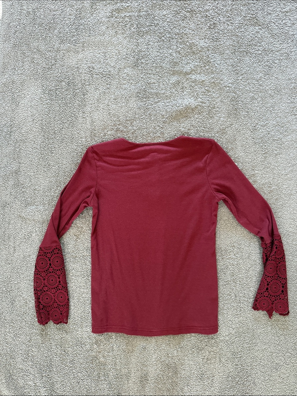 Women's Burgundy Long-Sleeve Henley Top with Lace Sleeve Insets - Picture 2 of 2